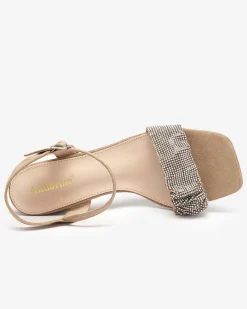 Jasnobrązowe damskie sandałki na słupku z cyrkoniami Triesta Buty Na Wielkie Wyjście|Sandały Na Słupku