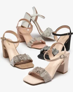 Jasnobrązowe damskie sandałki na słupku z cyrkoniami Triesta Buty Na Wielkie Wyjście|Sandały Na Słupku