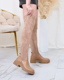 Sale Jasnobrązowe damskie wsuwane kozaki za kolano Retamon Kozaki Bez Ocieplenia|Kozaki Za Kolano