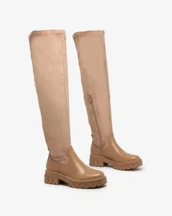 Sale Jasnobrązowe damskie wsuwane kozaki za kolano Retamon Kozaki Bez Ocieplenia|Kozaki Za Kolano