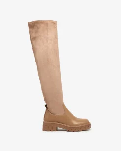 Sale Jasnobrązowe damskie wsuwane kozaki za kolano Retamon Kozaki Bez Ocieplenia|Kozaki Za Kolano