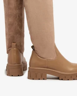 Sale Jasnobrązowe damskie wsuwane kozaki za kolano Retamon Kozaki Bez Ocieplenia|Kozaki Za Kolano