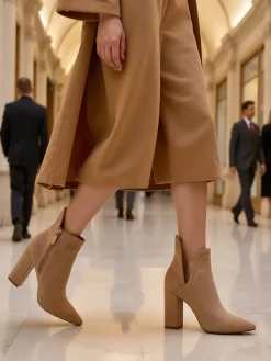 Discount Jasnobrązowe damskie botki na słupku z wycięciem Alania Botki Bez Ocieplenia|Botki Na Słupku