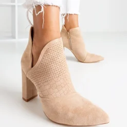 New Jasnobrązowe botki damskie na wyższym słupku z wycięciem Fimoli Botki Bez Ocieplenia|Botki Na Słupku