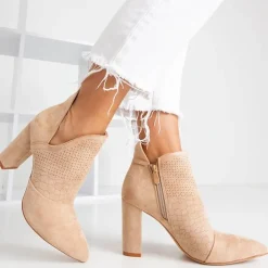 New Jasnobrązowe botki damskie na wyższym słupku z wycięciem Fimoli Botki Bez Ocieplenia|Botki Na Słupku