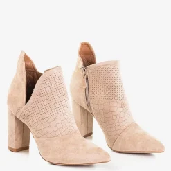 New Jasnobrązowe botki damskie na wyższym słupku z wycięciem Fimoli Botki Bez Ocieplenia|Botki Na Słupku