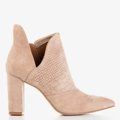 New Jasnobrązowe botki damskie na wyższym słupku z wycięciem Fimoli Botki Bez Ocieplenia|Botki Na Słupku