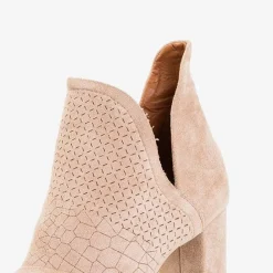 New Jasnobrązowe botki damskie na wyższym słupku z wycięciem Fimoli Botki Bez Ocieplenia|Botki Na Słupku