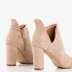 New Jasnobrązowe botki damskie na wyższym słupku z wycięciem Fimoli Botki Bez Ocieplenia|Botki Na Słupku