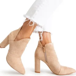 New Jasnobrązowe botki damskie na wyższym słupku z wycięciem Fimoli Botki Bez Ocieplenia|Botki Na Słupku