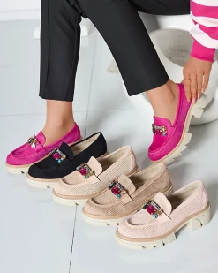 Best Jasnobrązowe ażurowe mokasyny damskie z ozdobą Bokkso Mokasyny Na Płaskiej Podeszwie