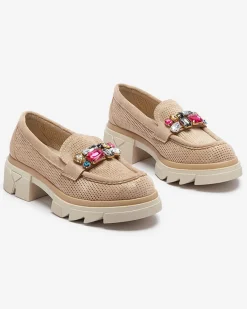 Best Jasnobrązowe ażurowe mokasyny damskie z ozdobą Bokkso Mokasyny Na Płaskiej Podeszwie