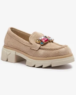 Best Jasnobrązowe ażurowe mokasyny damskie z ozdobą Bokkso Mokasyny Na Płaskiej Podeszwie