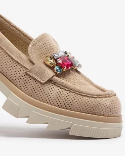 Best Jasnobrązowe ażurowe mokasyny damskie z ozdobą Bokkso Mokasyny Na Płaskiej Podeszwie