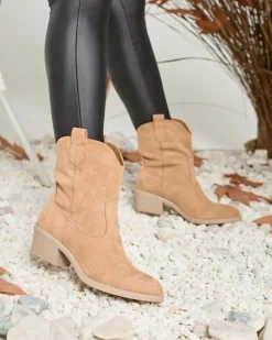 Discount Jasnobrązowe damskie ocieplane botki typu kowbojki Bronco Botki Z Grubym Ociepleniem|Kowbojki