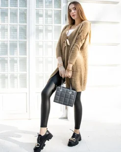 Sale Jasnobrązowy damski miękki długi sweter narzutka Swetry