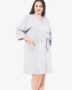 Clearance Jasnoszary damski bawełniany szlafrok w groszki PLUS SIZE Szlafroki