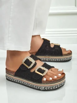 Best Klapki damskie z klamerkami z cyrkonii GlamCork Klapki Płaskie