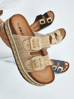 New Klapki damskie z klamerkami z cyrkonii GlamCork Klapki Płaskie