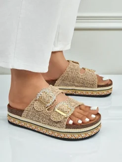 New Klapki damskie z klamerkami z cyrkonii GlamCork Klapki Płaskie