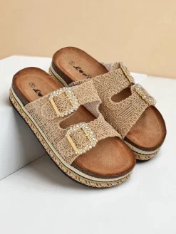 New Klapki damskie z klamerkami z cyrkonii GlamCork Klapki Płaskie