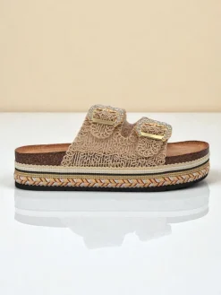 New Klapki damskie z klamerkami z cyrkonii GlamCork Klapki Płaskie