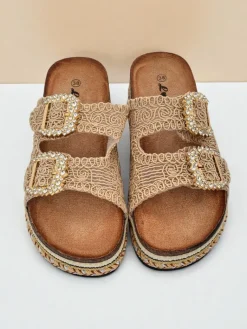 New Klapki damskie z klamerkami z cyrkonii GlamCork Klapki Płaskie