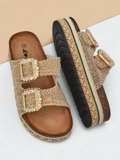 New Klapki damskie z klamerkami z cyrkonii GlamCork Klapki Płaskie