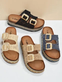 New Klapki damskie z klamerkami z cyrkonii GlamCork Klapki Płaskie