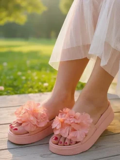 Hot Klapki damskie z kwiatuszkami Frezja Klapki Płaskie