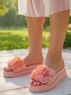 Hot Klapki damskie z kwiatuszkami Frezja Klapki Płaskie