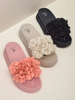 Hot Klapki damskie z kwiatuszkami Frezja Klapki Płaskie