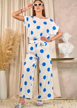 Sale Kobaltowo - biały damski komplet w groszki Damskie Komplety Damskie