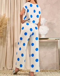 Sale Kobaltowo - biały damski komplet w groszki Damskie Komplety Damskie