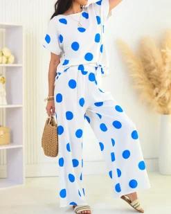 Sale Kobaltowo - biały damski komplet w groszki Damskie Komplety Damskie