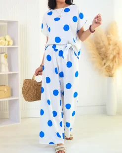 Sale Kobaltowo - biały damski komplet w groszki Damskie Komplety Damskie