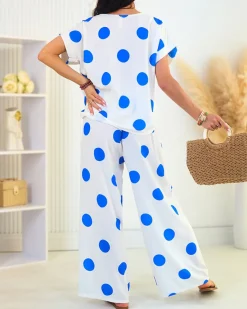 Sale Kobaltowo - biały damski komplet w groszki Damskie Komplety Damskie