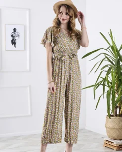 Discount Kolorowy damski długi kombinezon w kwiaty Kombinezony