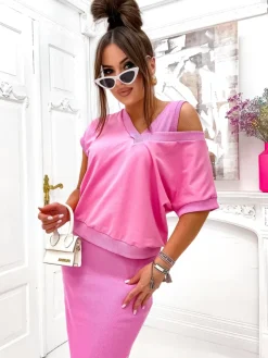 Sale Komplet damski z bluzą odsłaniaj i sukienką do kolan Damskie Komplety Damskie