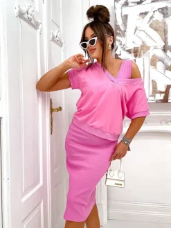 Sale Komplet damski z bluzą odsłaniaj i sukienką do kolan Damskie Komplety Damskie