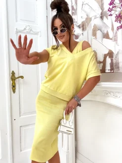 New Komplet damski z bluzą odsłaniaj i sukienką do kolan Damskie Komplety Damskie