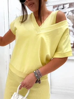 New Komplet damski z bluzą odsłaniaj i sukienką do kolan Damskie Komplety Damskie