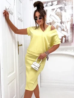 New Komplet damski z bluzą odsłaniaj i sukienką do kolan Damskie Komplety Damskie