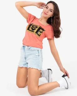 Online Koralowy damski t-shirt z napisem i cekinami Bluzki / Koszule / Koszulki