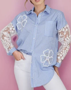 Clearance Koszula damska w paski z koronką Bluzki / Koszule / Koszulki