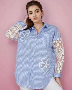 Clearance Koszula damska w paski z koronką Bluzki / Koszule / Koszulki