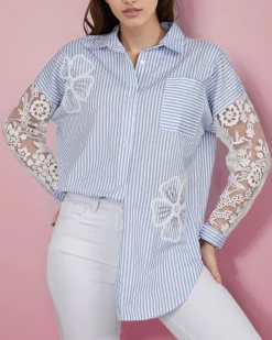 Hot Koszula damska w paski z koronką Bluzki / Koszule / Koszulki
