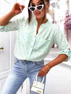 Koszula damska w paski i cytrynki z dekoltem w serek Bluzki / Koszule / Koszulki