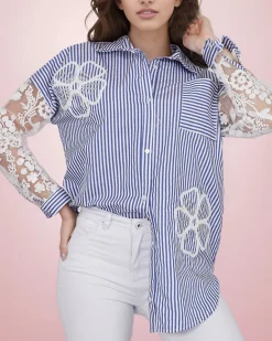 Discount Koszula damska w paski z koronką Bluzki / Koszule / Koszulki