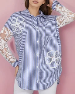 Discount Koszula damska w paski z koronką Bluzki / Koszule / Koszulki